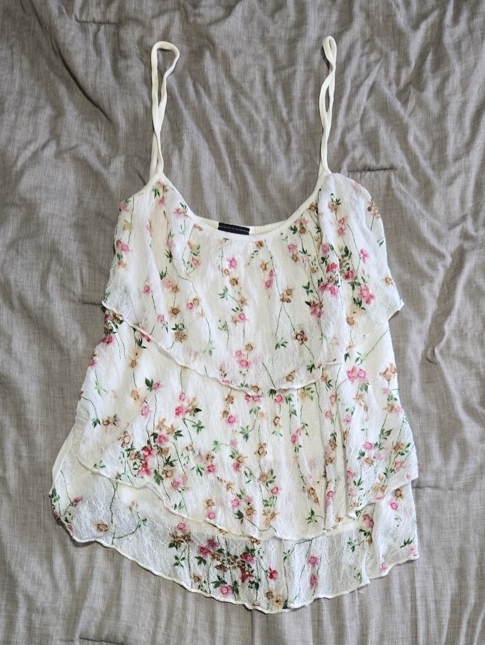 Seduction Floral Ruffle Tiered Camisole - White with Pink & Green